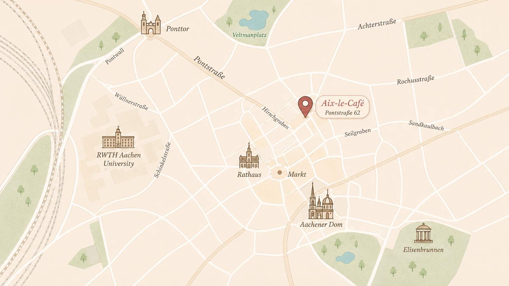 Illustrierte Karte der Aachener Altstadt mit Aix-le-Café an der Pontstraße